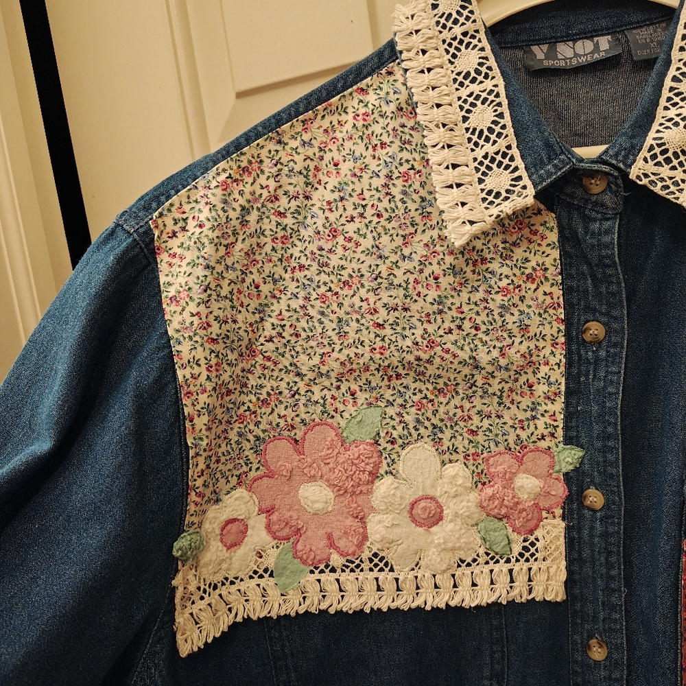 Vintage Denim Button Down W Patchwork, Embroidery… - image 6